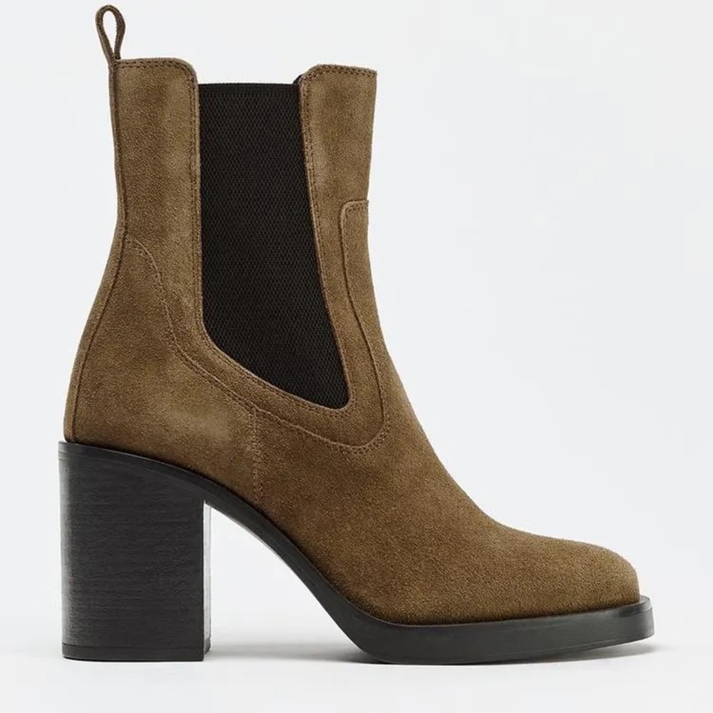Zara Platform Block Heel Tan Warm Beige Brown Suede Heeled Boots Pull On Leather